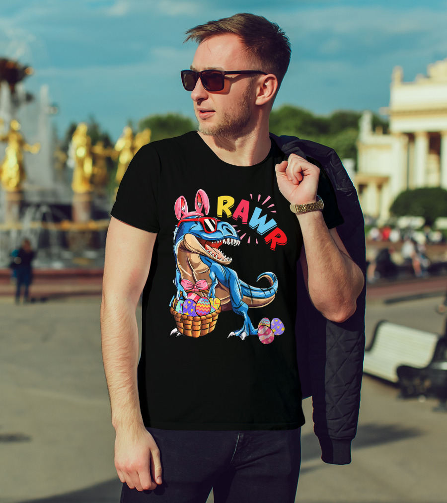 Dinosaur Easter Bunny Rex Rawr With Eggs And Basket T-Shirt