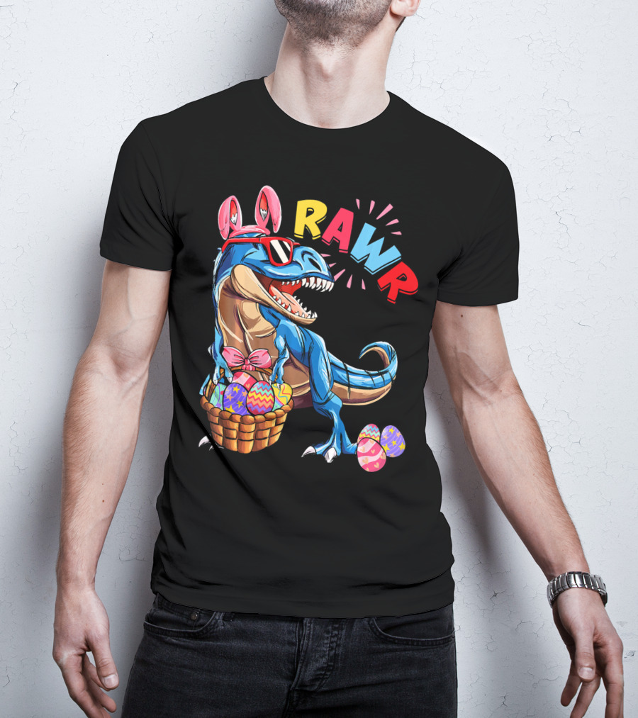 Dinosaur Easter Bunny Rex Rawr With Eggs And Basket T-Shirt