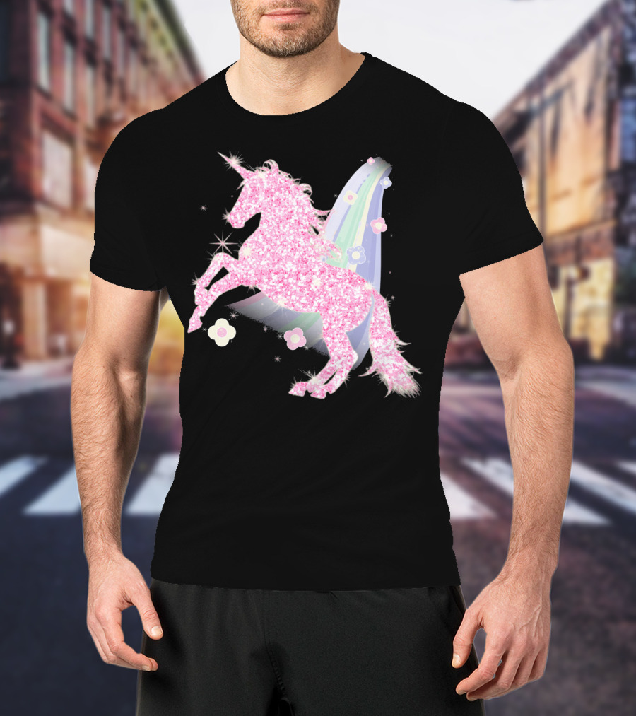 Pink Sparkle Unicorn With Easter Flowers And Rainbow Mane T-Shirt