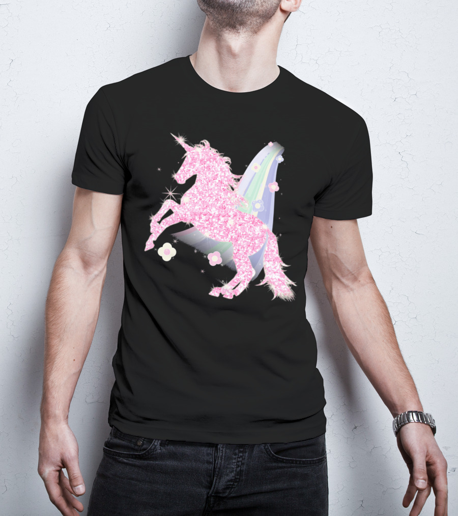 Pink Sparkle Unicorn With Easter Flowers And Rainbow Mane T-Shirt