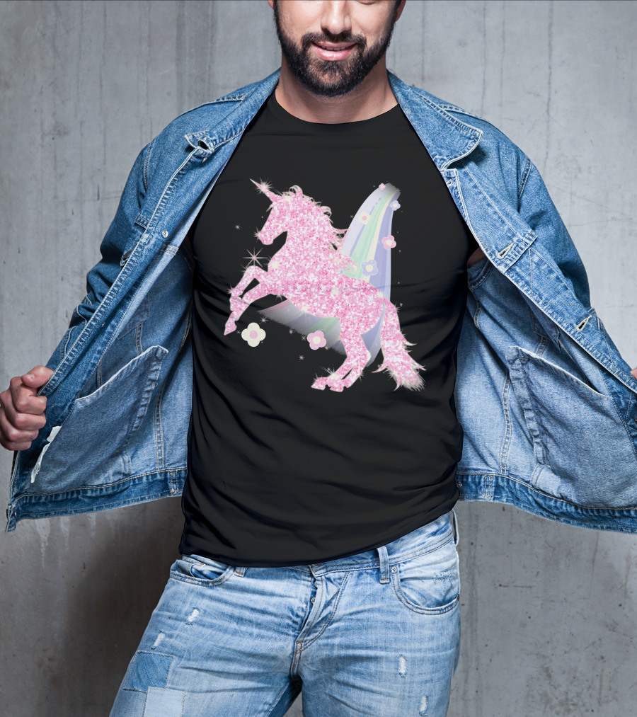 Pink Sparkle Unicorn With Easter Flowers And Rainbow Mane T-Shirt