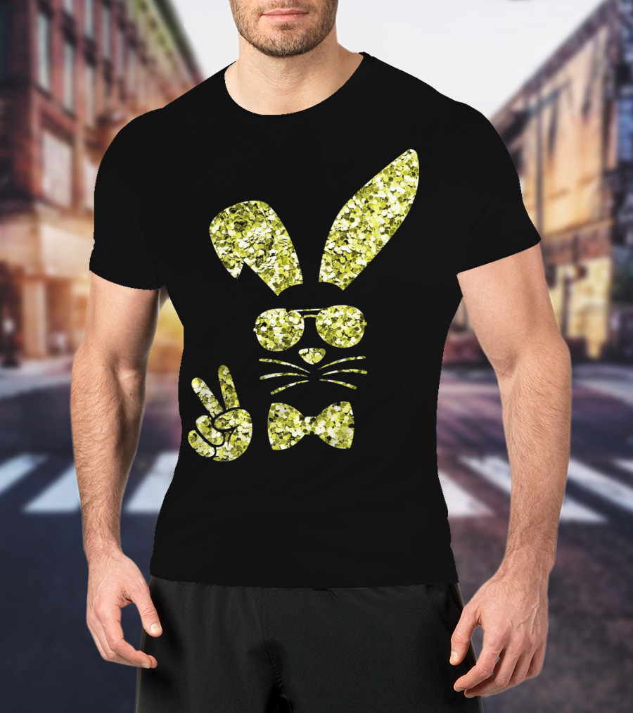 Easter Bunny Girls Cute Gold Glitter Bunny With Sunglasses And Bow Tie T-Shirt