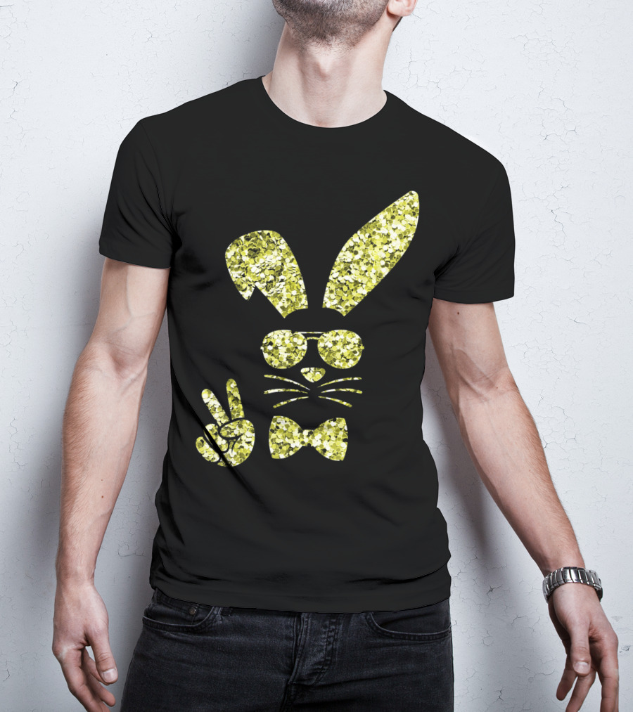 Easter Bunny Girls Cute Gold Glitter Bunny With Sunglasses And Bow Tie T-Shirt