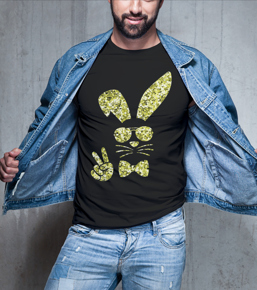 Easter Bunny Girls Cute Gold Glitter Bunny With Sunglasses And Bow Tie T-Shirt