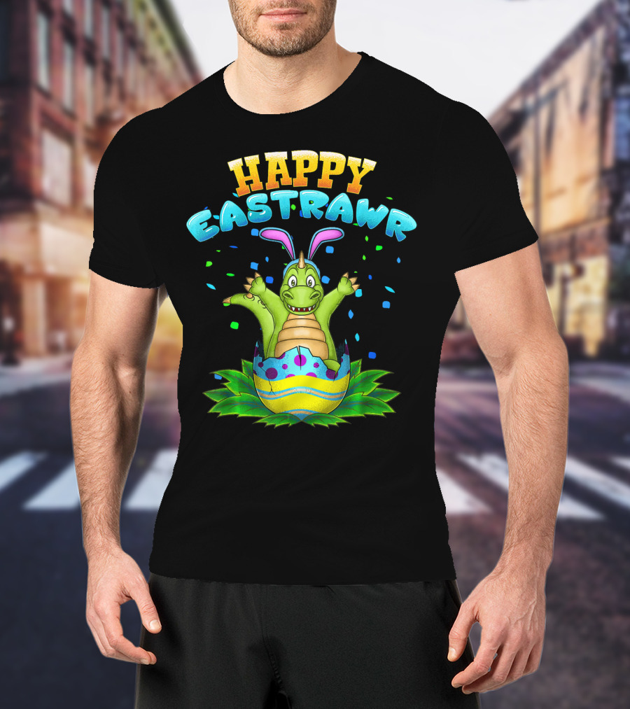 Happy Eastrawr Dinosaur In Easter Egg With Bunny Ears And Confetti T-Shirt