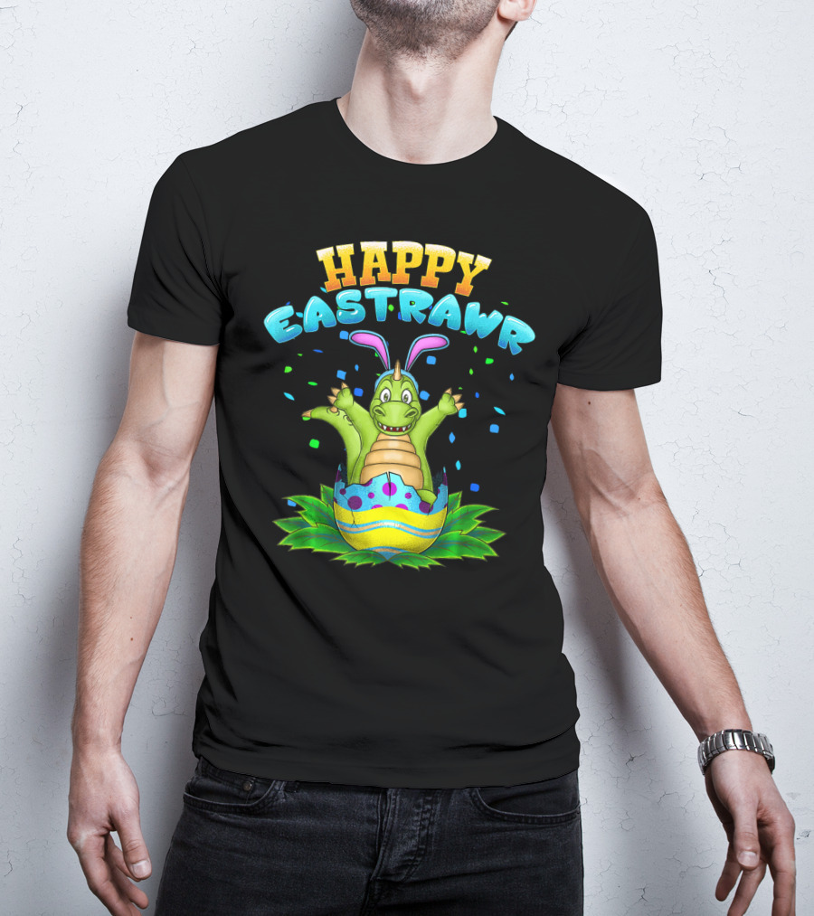 Happy Eastrawr Dinosaur In Easter Egg With Bunny Ears And Confetti T-Shirt