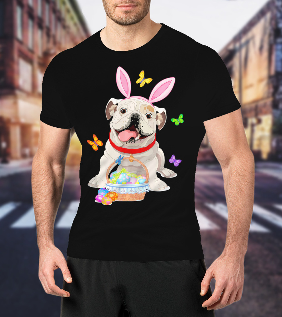 English Bulldog With Bunny Ears And Easter Egg Basket With Butterflies T-Shirt