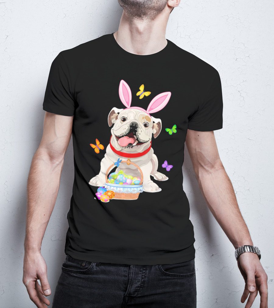 English Bulldog With Bunny Ears And Easter Egg Basket With Butterflies T-Shirt