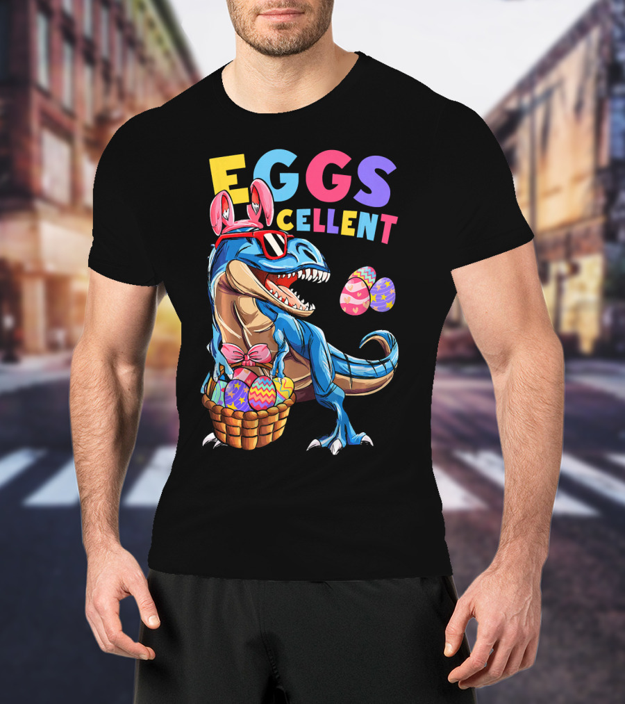 Eggs Cellent Dinosaur Easter Bunny Rex With Colorful Eggs T-Shirt