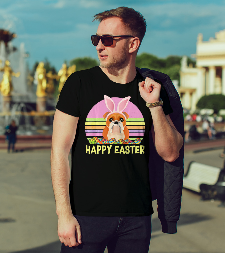 Happy Easter Day British Bulldog Bunny Ears Rainbow Eggs Retro T-Shirt