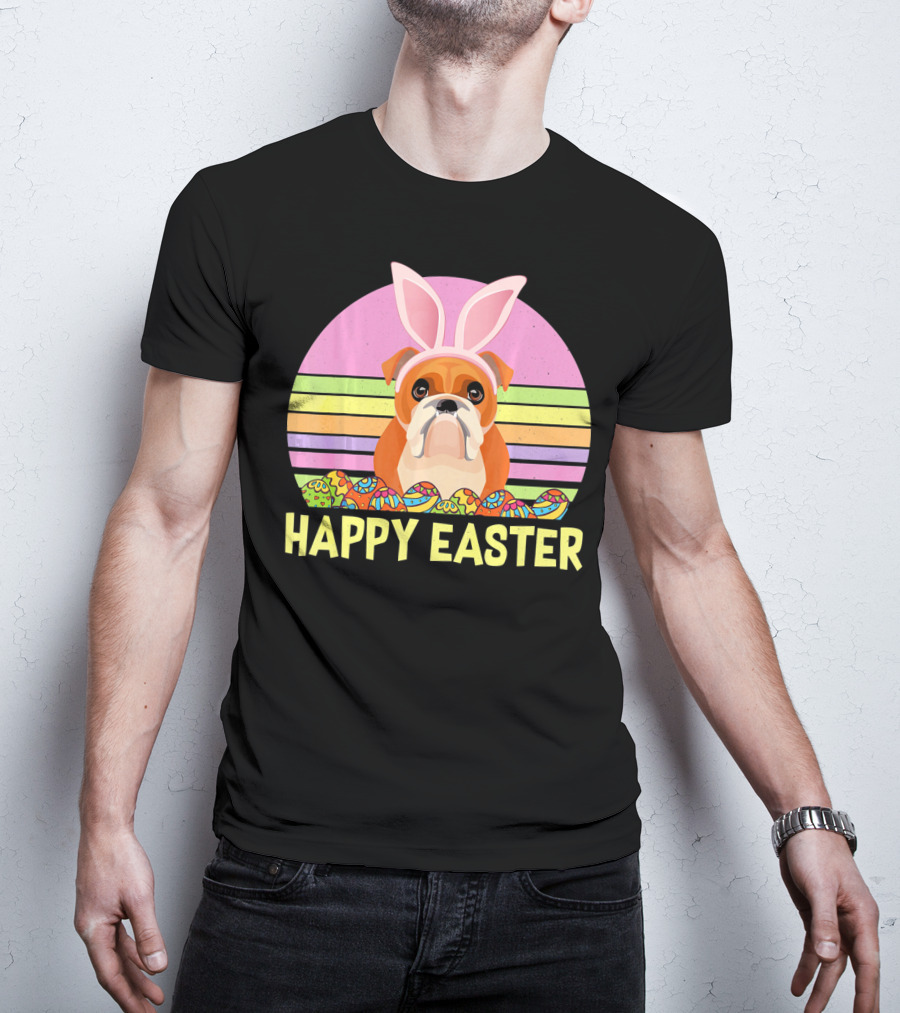 Happy Easter Day British Bulldog Bunny Ears Rainbow Eggs Retro T-Shirt