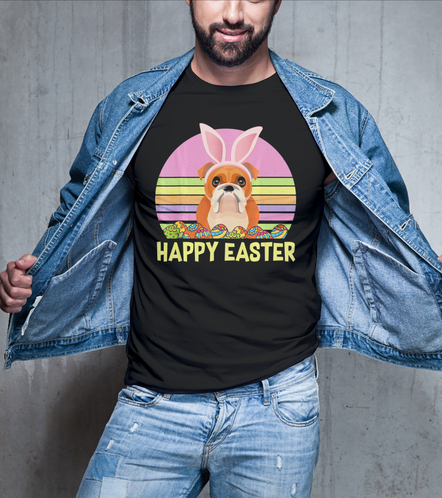 Happy Easter Day British Bulldog Bunny Ears Rainbow Eggs Retro T-Shirt