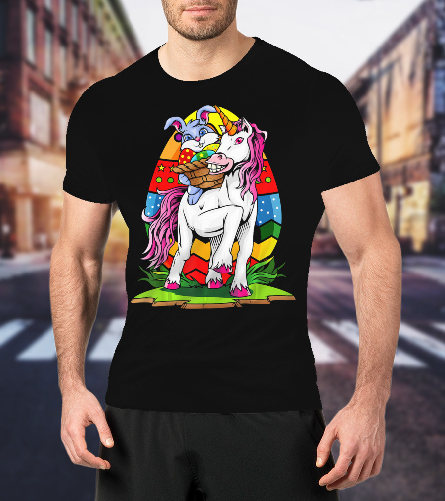 Funny Colorful Easter Bunny Riding Unicorn With Eggs T-Shirt