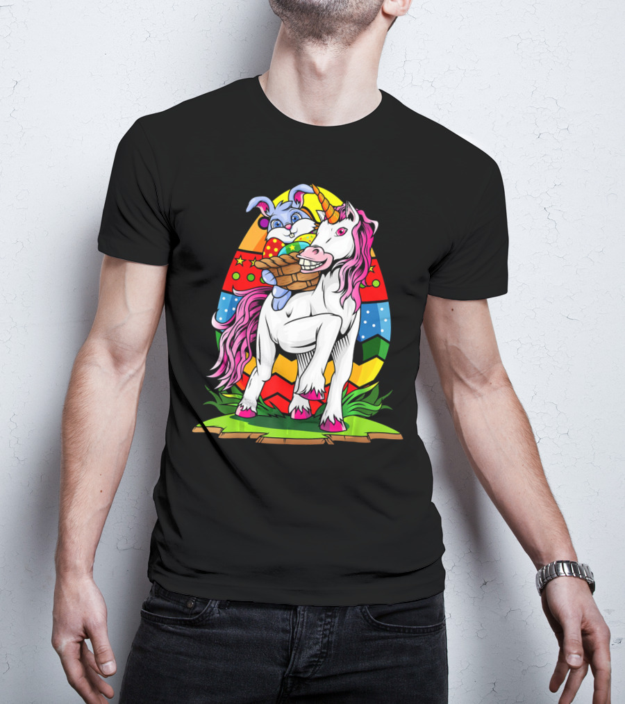 Funny Colorful Easter Bunny Riding Unicorn With Eggs T-Shirt