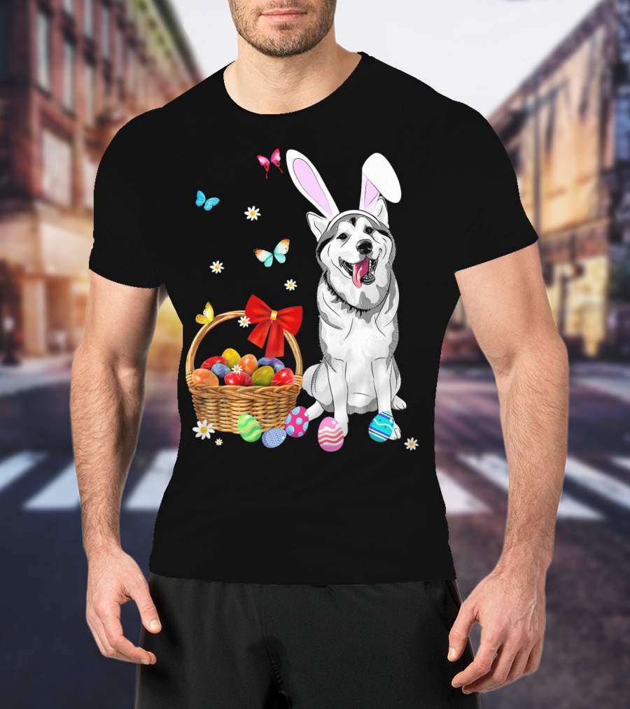Siberian Husky Bunny Ears Easter Basket Eggs Butterflies T-Shirt