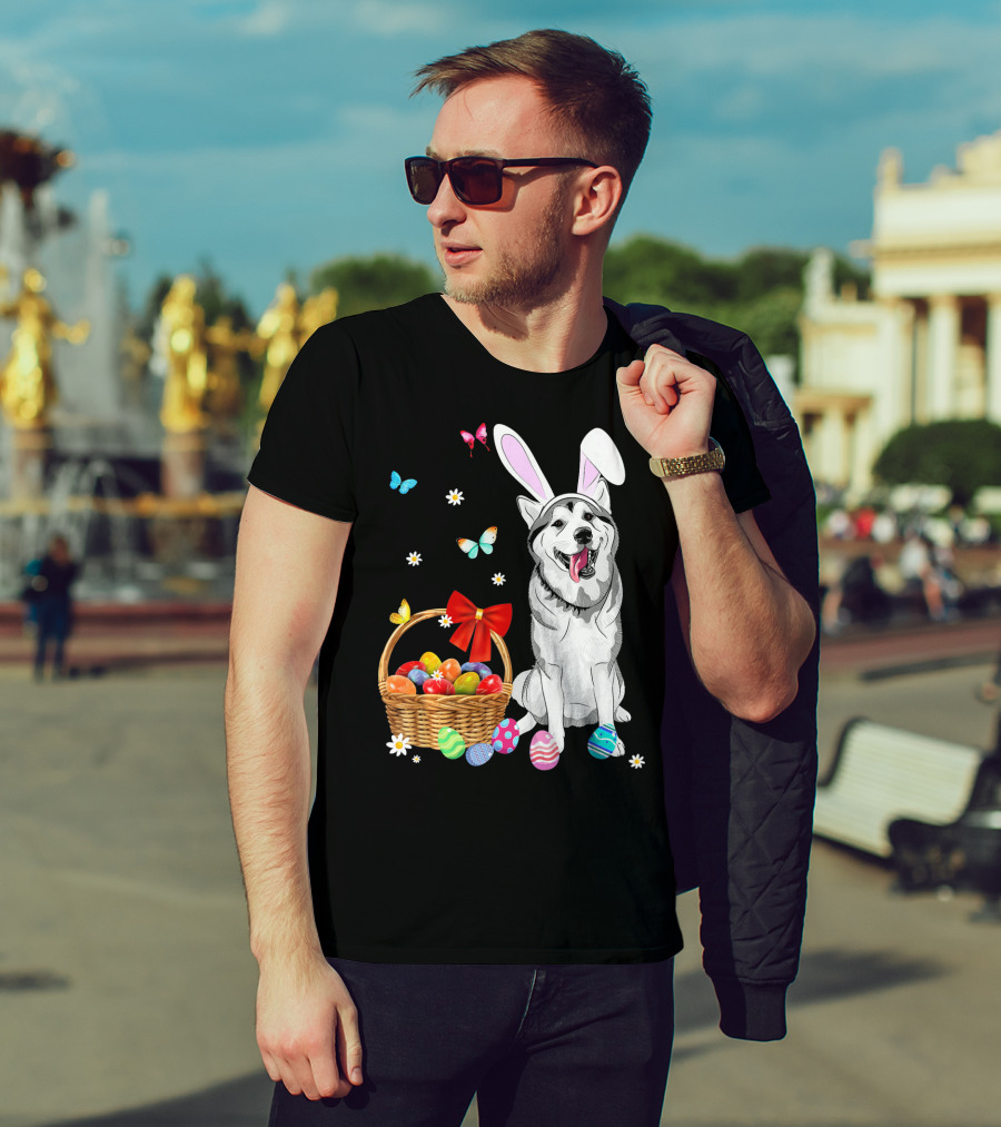 Siberian Husky Bunny Ears Easter Basket Eggs Butterflies T-Shirt