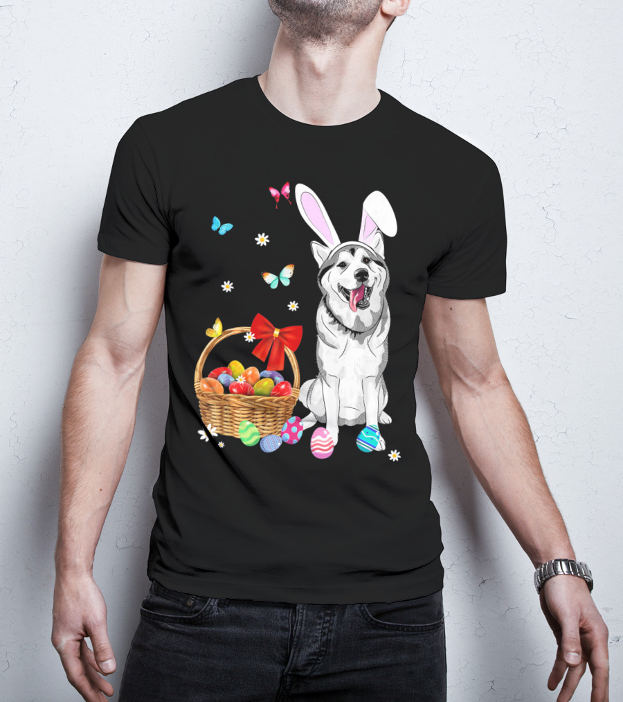 Siberian Husky Bunny Ears Easter Basket Eggs Butterflies T-Shirt