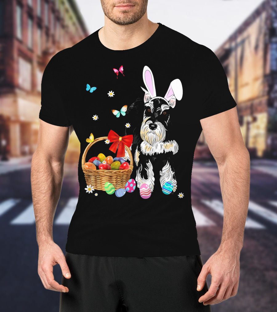 Miniature Schnauzer Bunny Ear With Easter Egg Basket And Butterflies T-Shirt