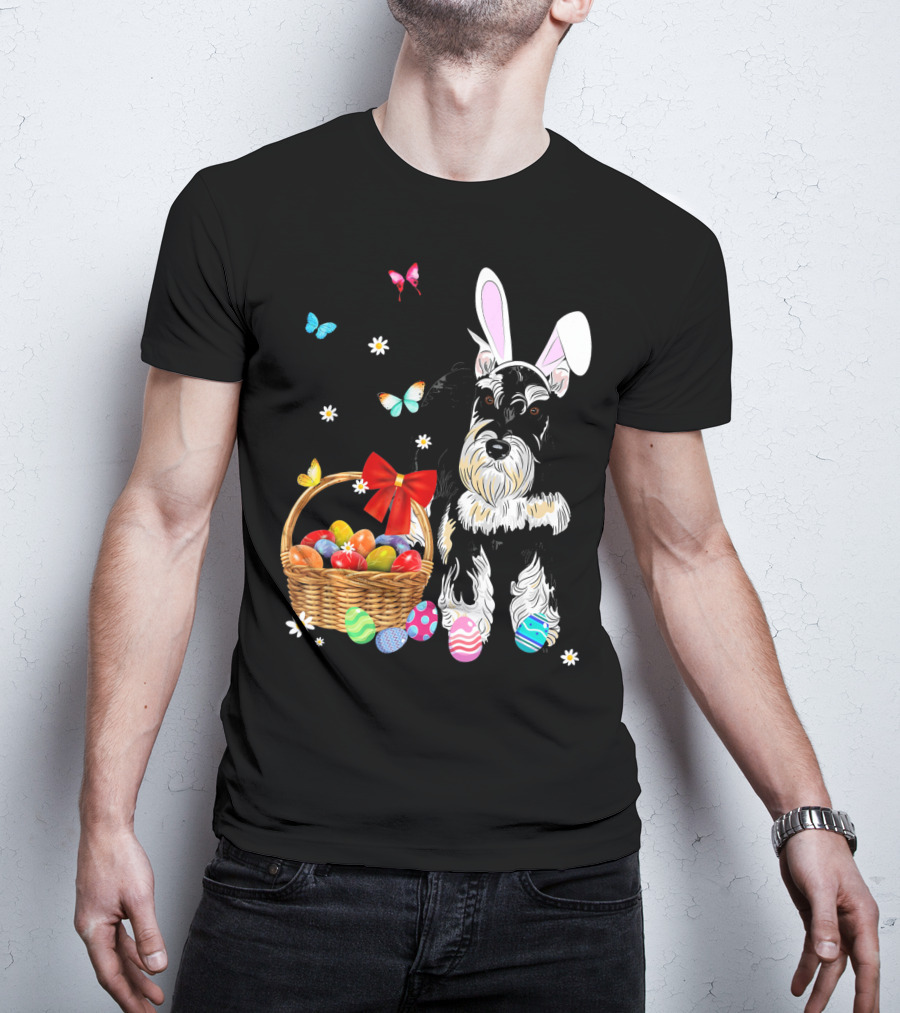 Miniature Schnauzer Bunny Ear With Easter Egg Basket And Butterflies T-Shirt