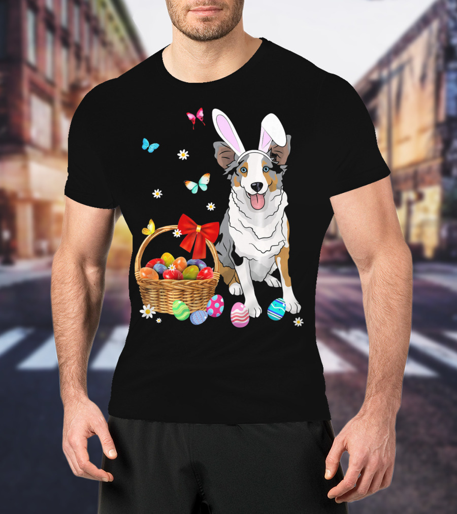 Australian Shepherd Bunny Ear Butterflies Basket Easter Egg Flowers T-Shirt