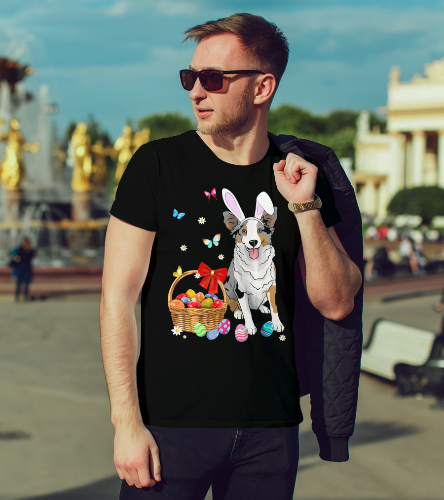 Australian Shepherd Bunny Ear Butterflies Basket Easter Egg Flowers T-Shirt