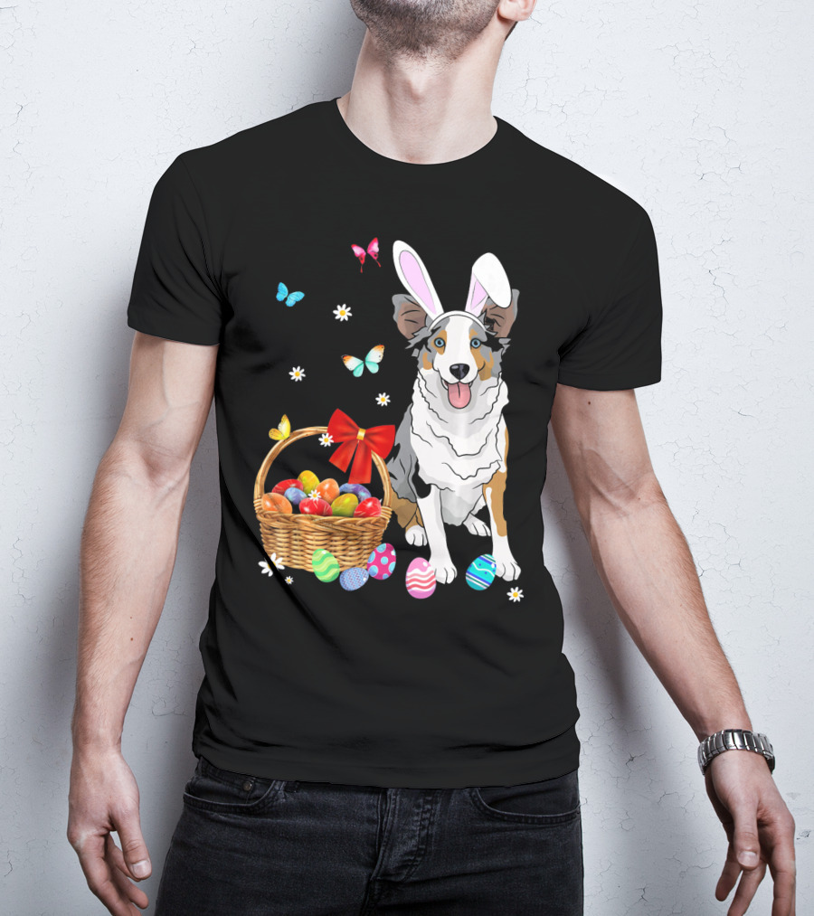 Australian Shepherd Bunny Ear Butterflies Basket Easter Egg Flowers T-Shirt