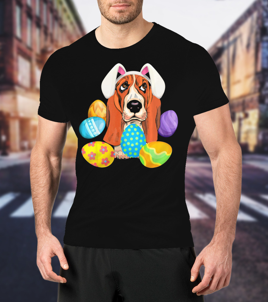 Basset Hound Bunny Rabbit Hat Easter Eggs Playful Scene T-Shirt
