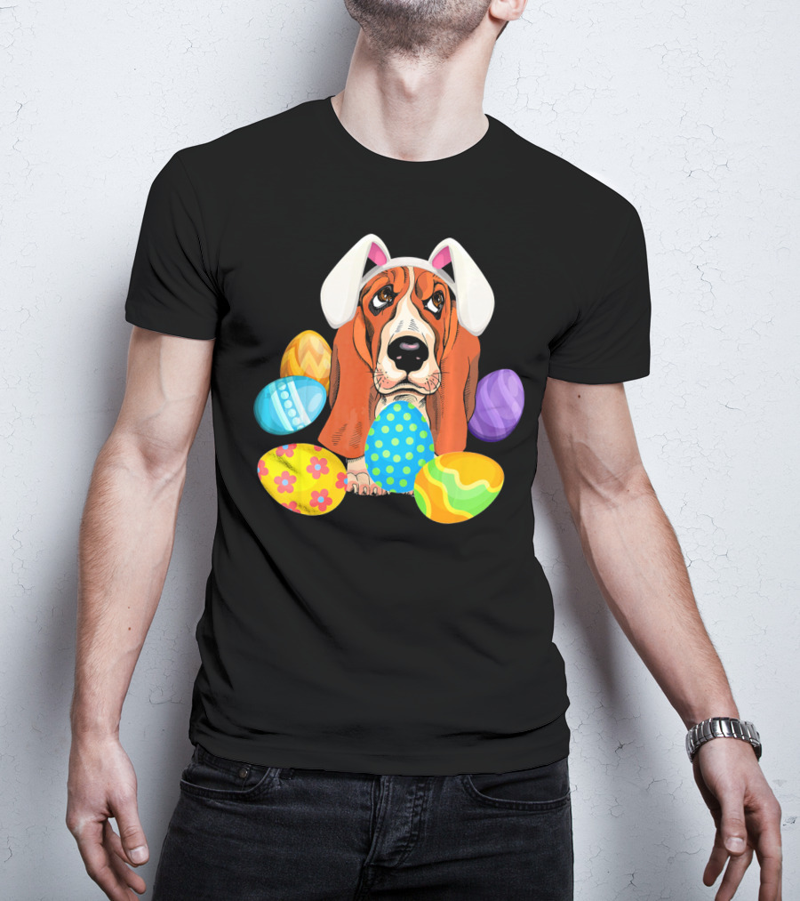 Basset Hound Bunny Rabbit Hat Easter Eggs Playful Scene T-Shirt