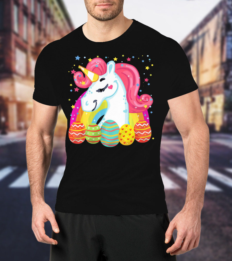 Unicorn With Rainbow Mane And Colorful Easter Eggs T-Shirt