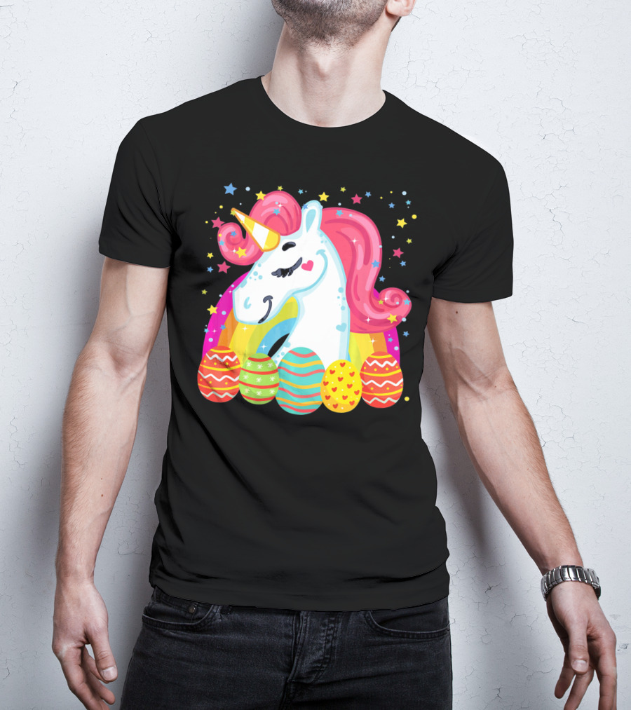 Unicorn With Rainbow Mane And Colorful Easter Eggs T-Shirt
