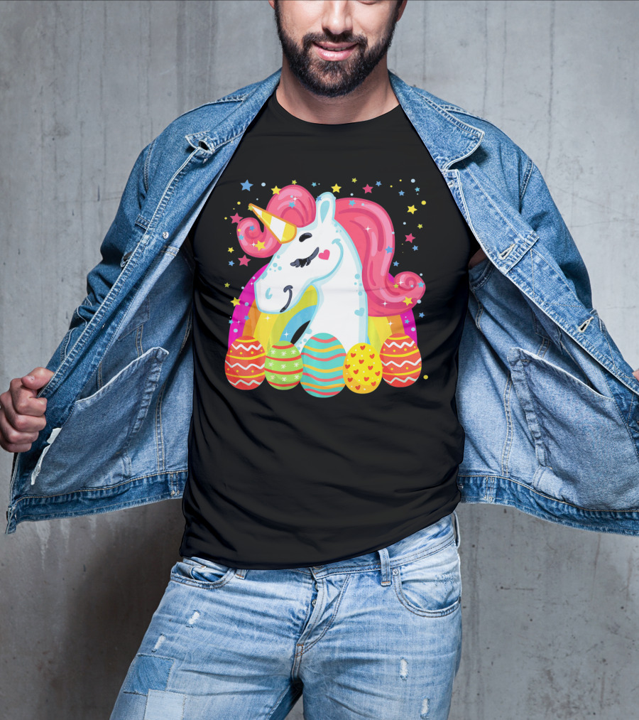 Unicorn With Rainbow Mane And Colorful Easter Eggs T-Shirt