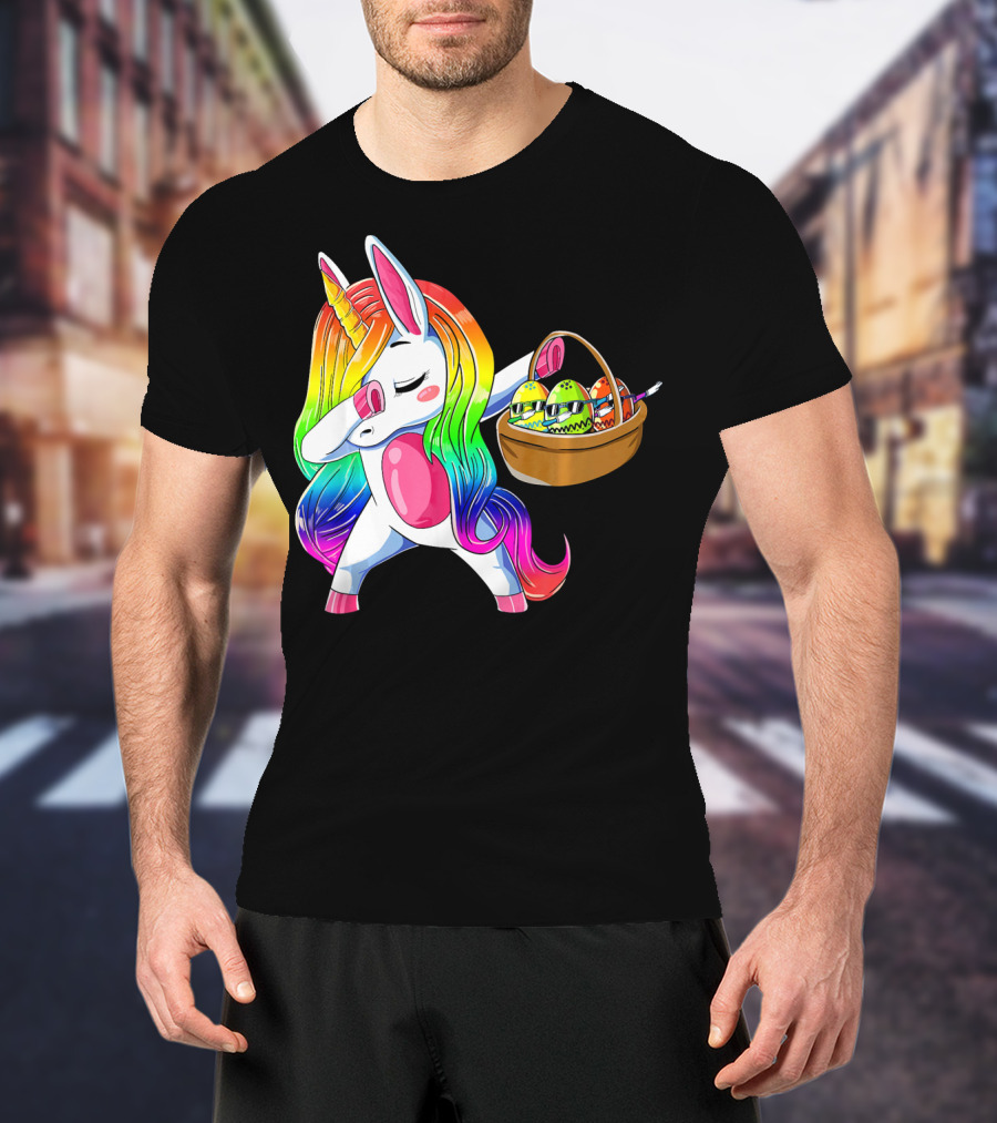 Girls Easter Unicorn Dabbing With Bunny Ear And Colorful Egg Basket T-Shirt