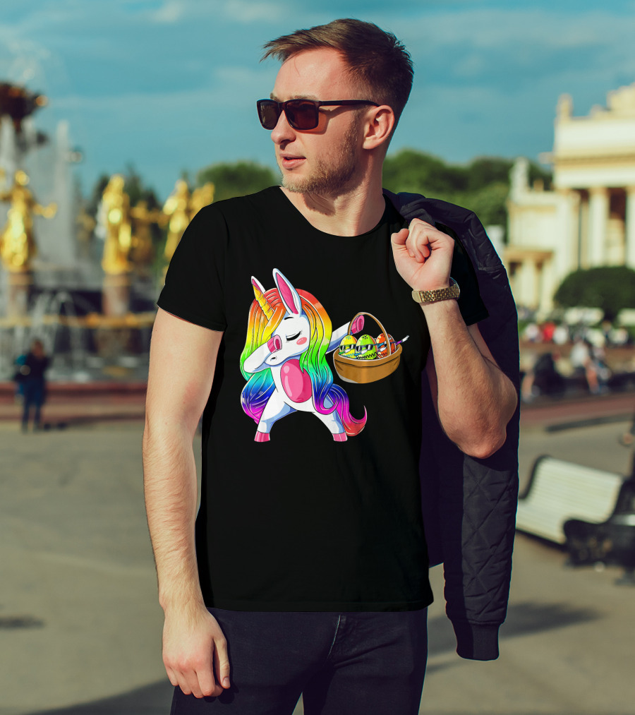 Girls Easter Unicorn Dabbing With Bunny Ear And Colorful Egg Basket T-Shirt
