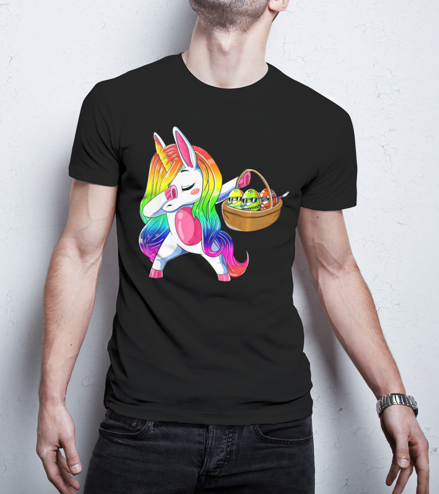 Girls Easter Unicorn Dabbing With Bunny Ear And Colorful Egg Basket T-Shirt