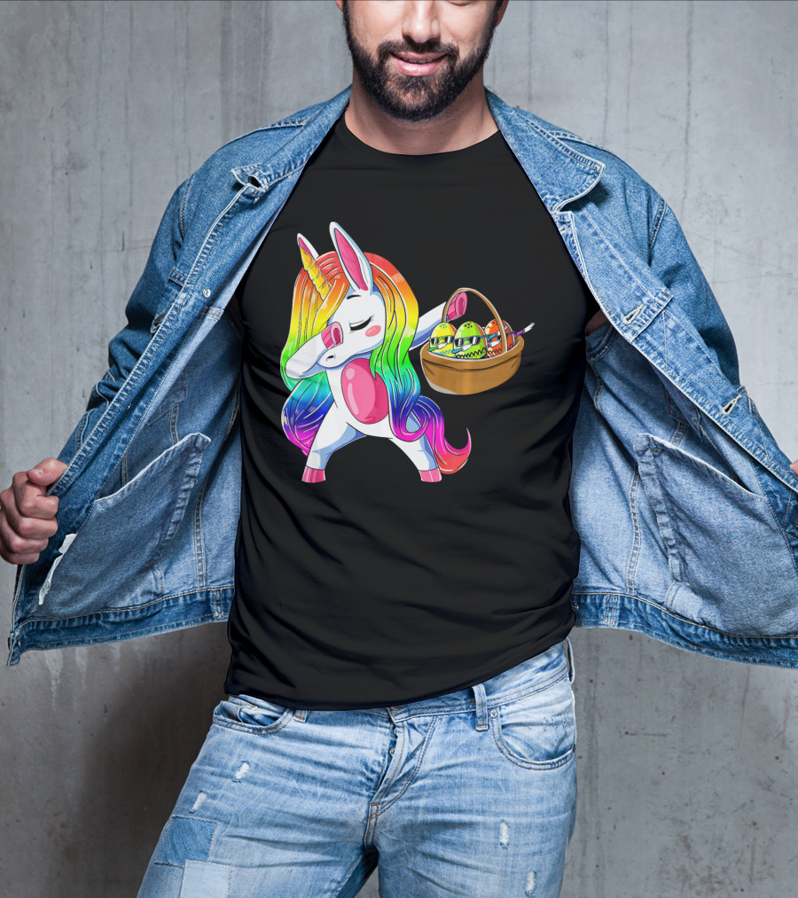 Girls Easter Unicorn Dabbing With Bunny Ear And Colorful Egg Basket T-Shirt