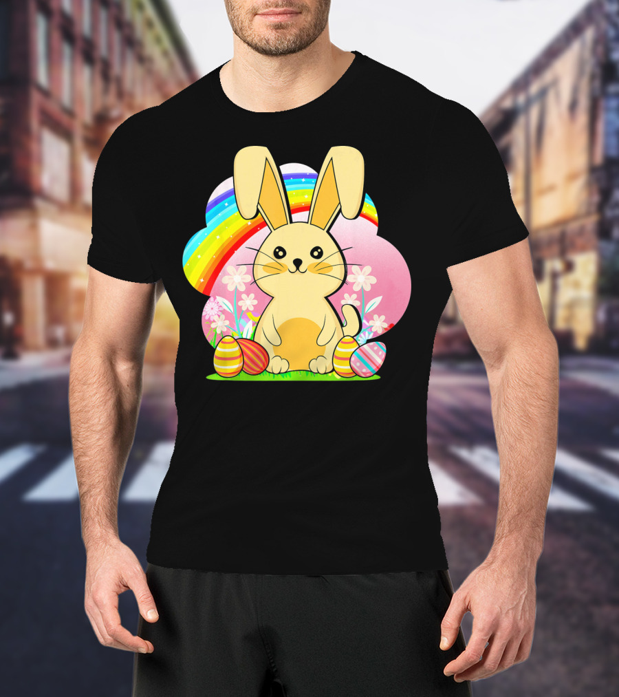Easter Egg Bunny With Rainbow And Flowers T-Shirt