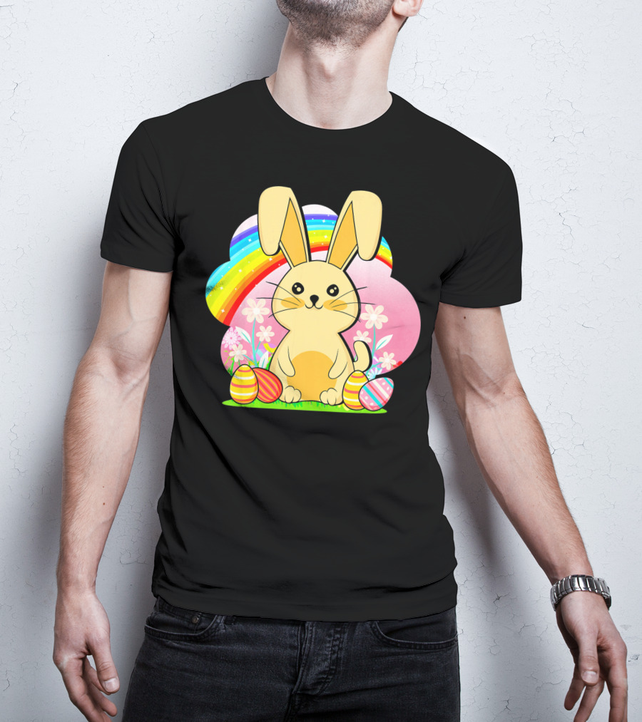 Easter Egg Bunny With Rainbow And Flowers T-Shirt