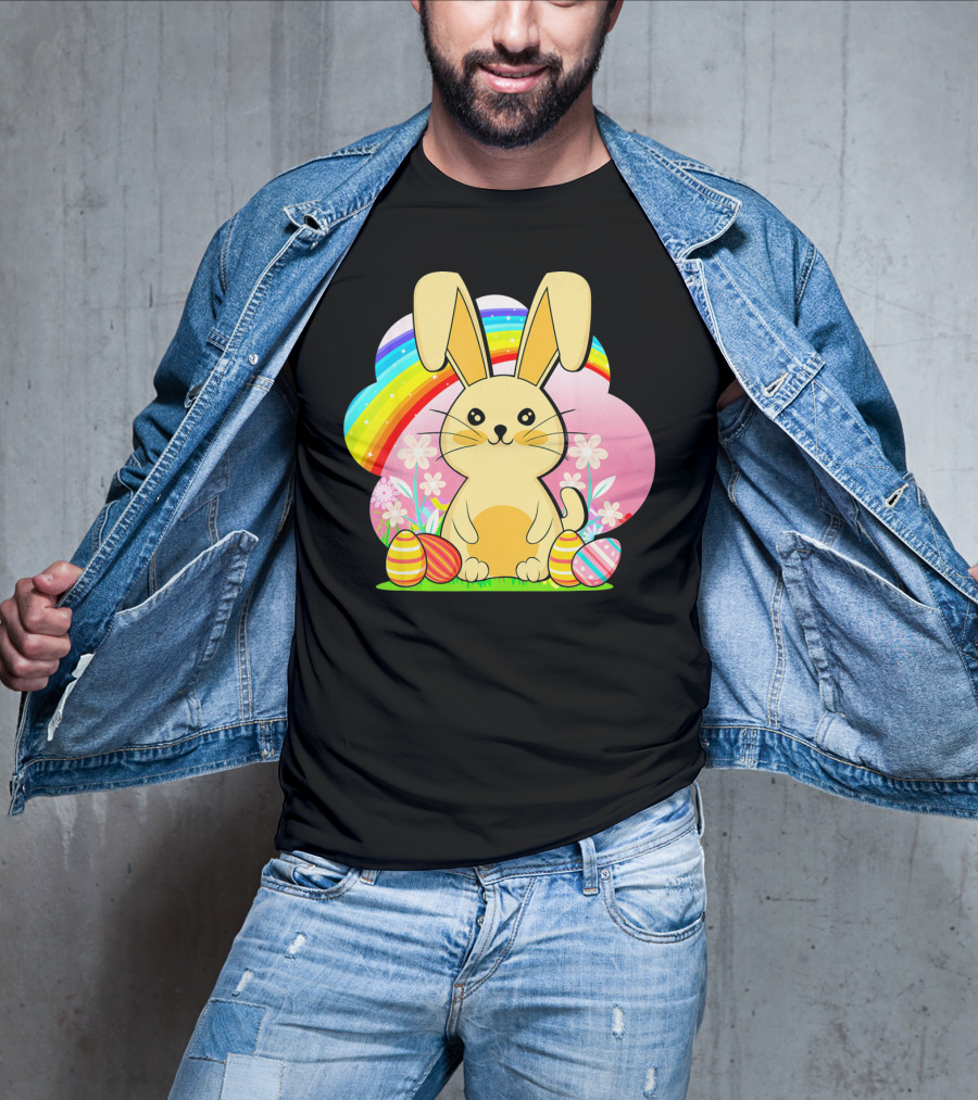 Easter Egg Bunny With Rainbow And Flowers T-Shirt