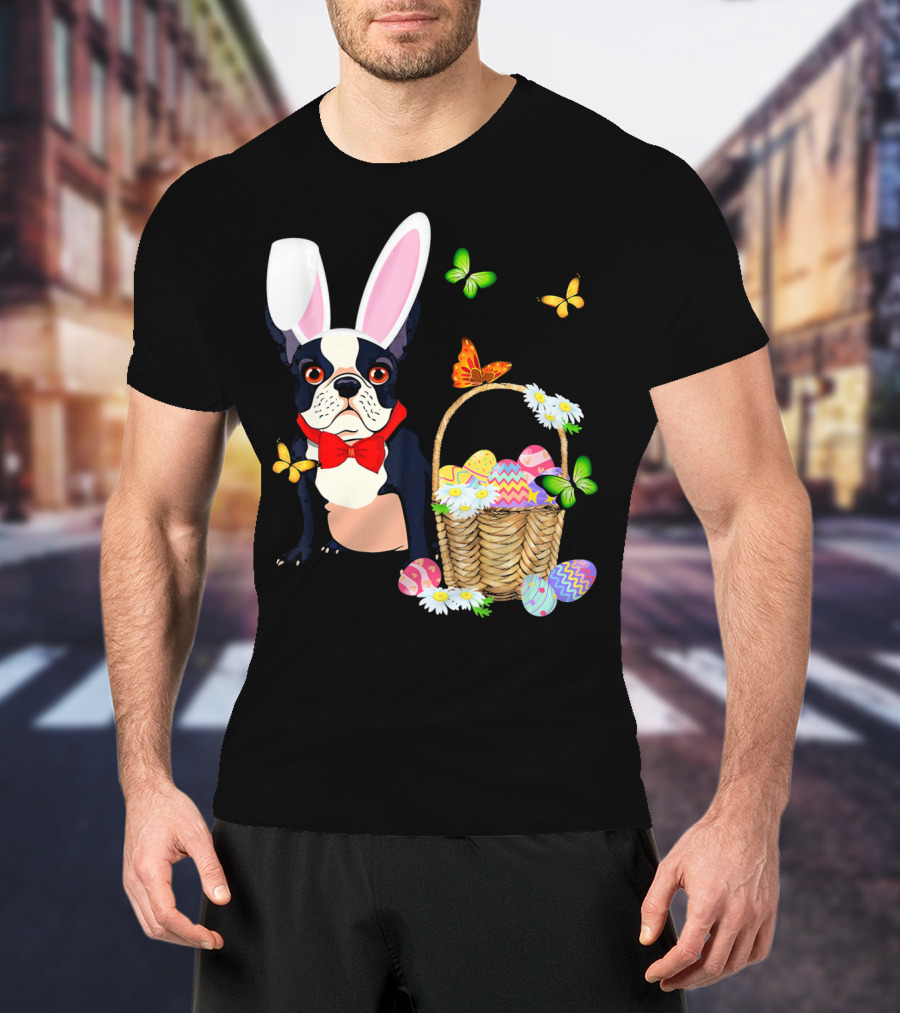 French Bulldog Bunny Hat Rabbit Easter Basket Eggs Butterflies T-Shirt