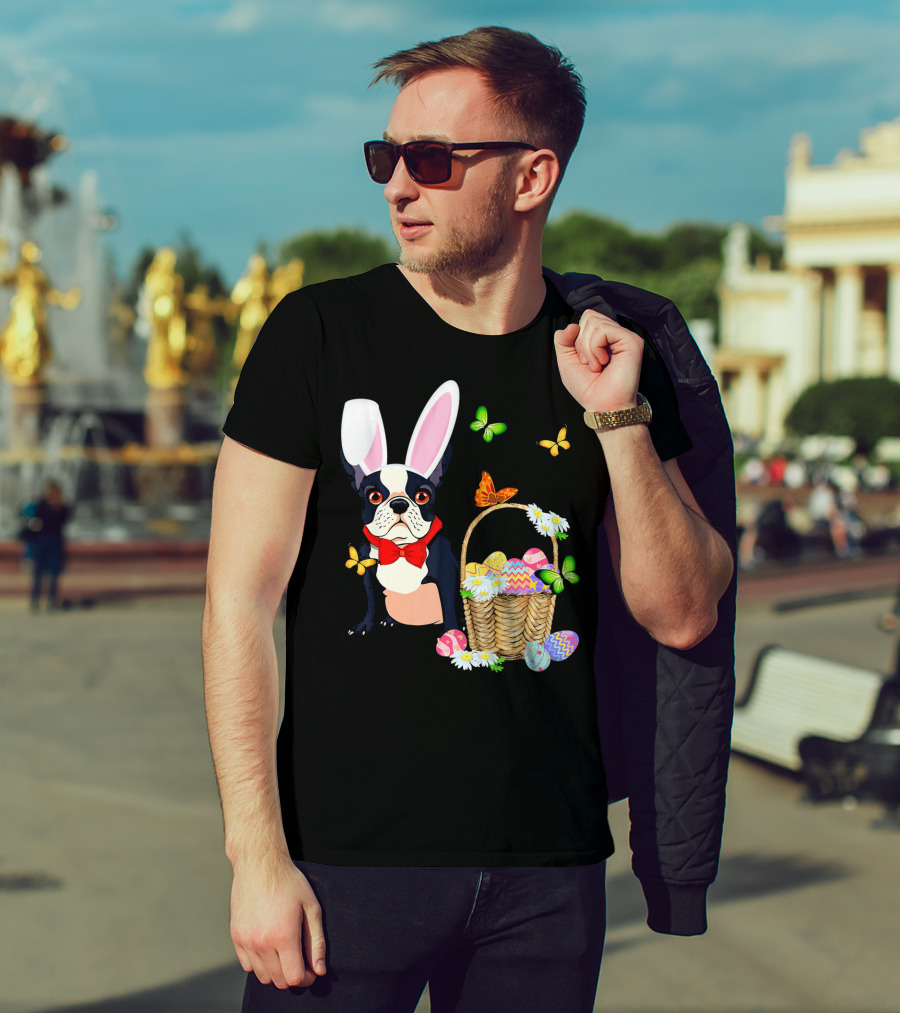 French Bulldog Bunny Hat Rabbit Easter Basket Eggs Butterflies T-Shirt