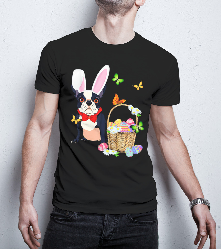 French Bulldog Bunny Hat Rabbit Easter Basket Eggs Butterflies T-Shirt