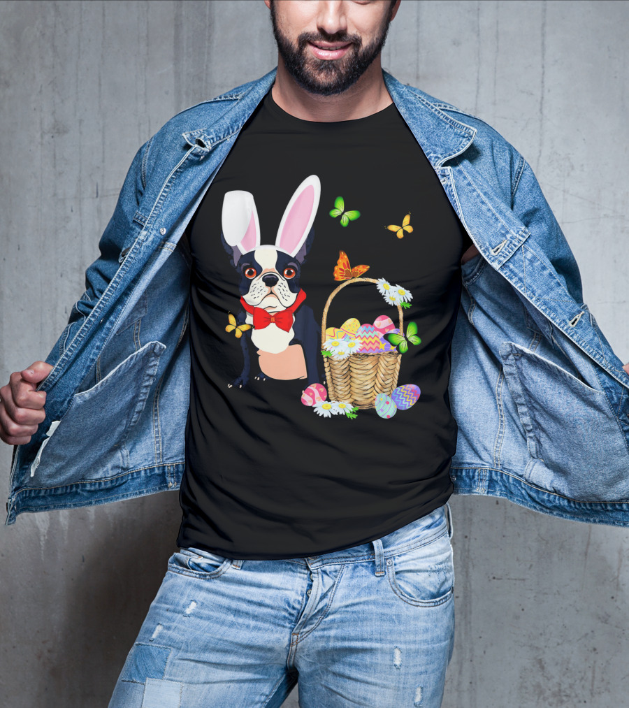 French Bulldog Bunny Hat Rabbit Easter Basket Eggs Butterflies T-Shirt