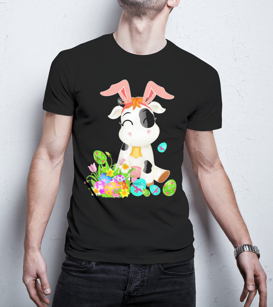 Happy Cow Easter Bunny With Colorful Eggs And Flowers T-Shirt