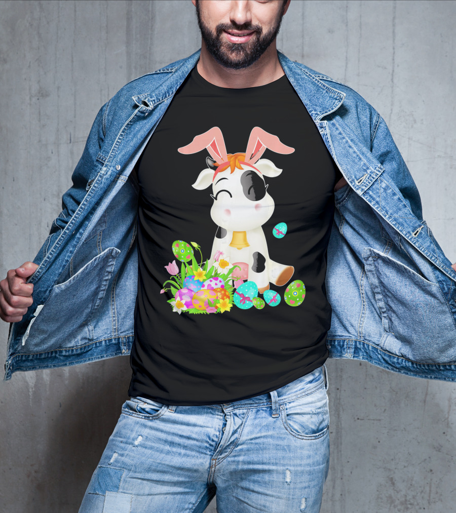 Happy Cow Easter Bunny With Colorful Eggs And Flowers T-Shirt