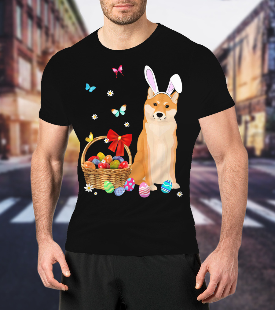Shiba Inu Bunny Ear Rabbit Easter Eggs Basket Butterflies Flowers T-Shirt