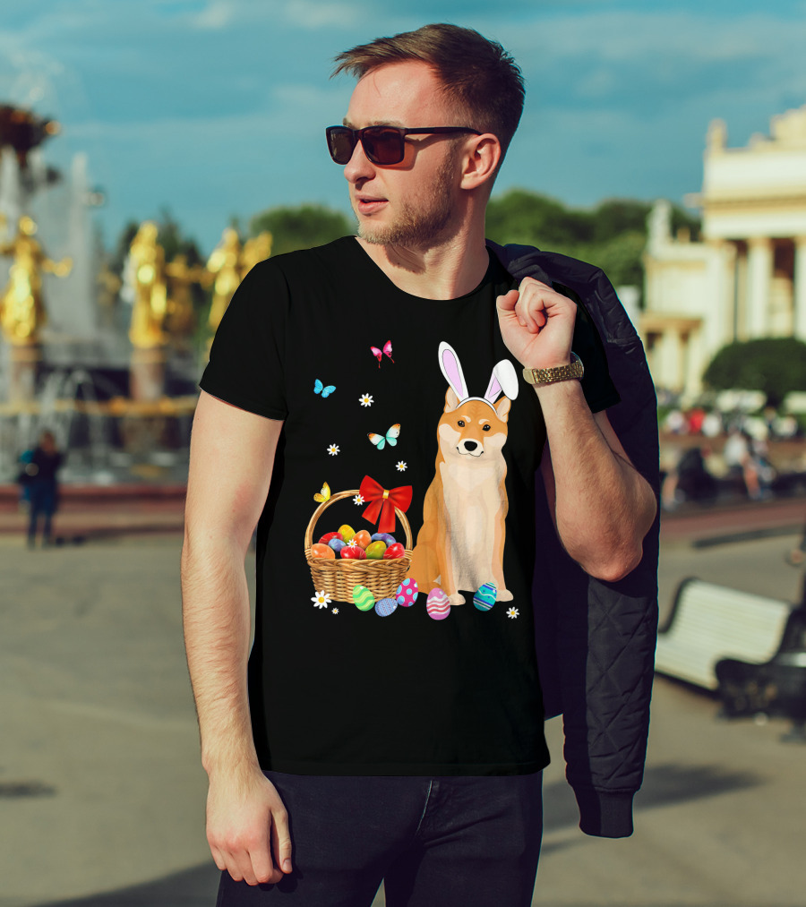 Shiba Inu Bunny Ear Rabbit Easter Eggs Basket Butterflies Flowers T-Shirt