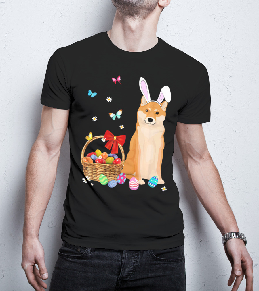 Shiba Inu Bunny Ear Rabbit Easter Eggs Basket Butterflies Flowers T-Shirt