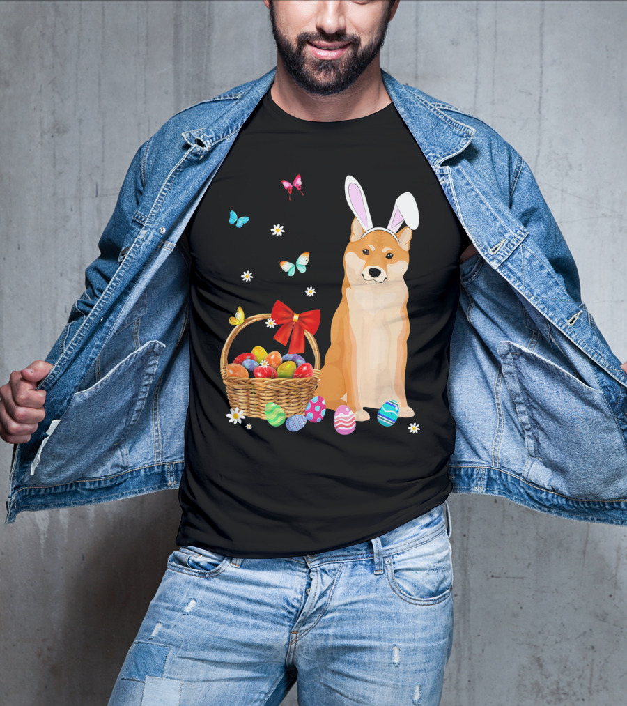 Shiba Inu Bunny Ear Rabbit Easter Eggs Basket Butterflies Flowers T-Shirt