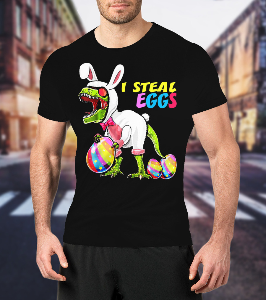 I Steal Easter Eggs Dinosaur Rex Bunny In Costume Holding Colorful Striped Eggs T-Shirt
