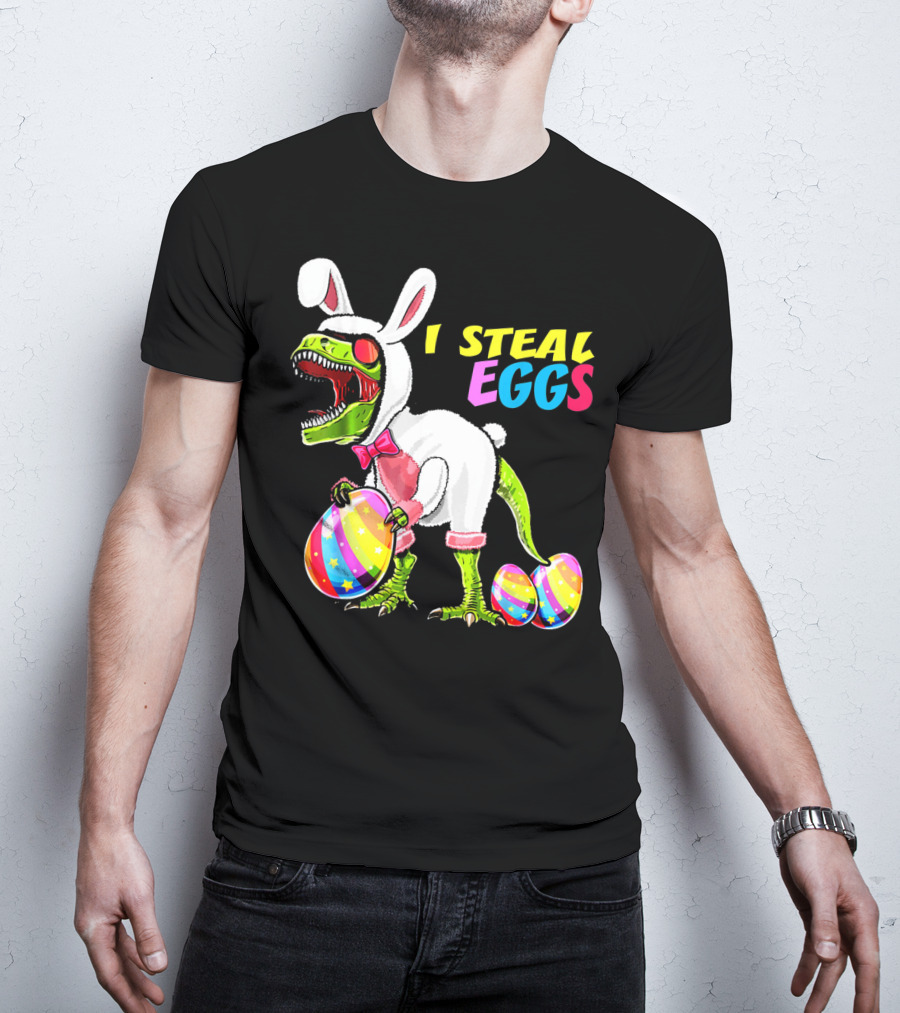I Steal Easter Eggs Dinosaur Rex Bunny In Costume Holding Colorful Striped Eggs T-Shirt